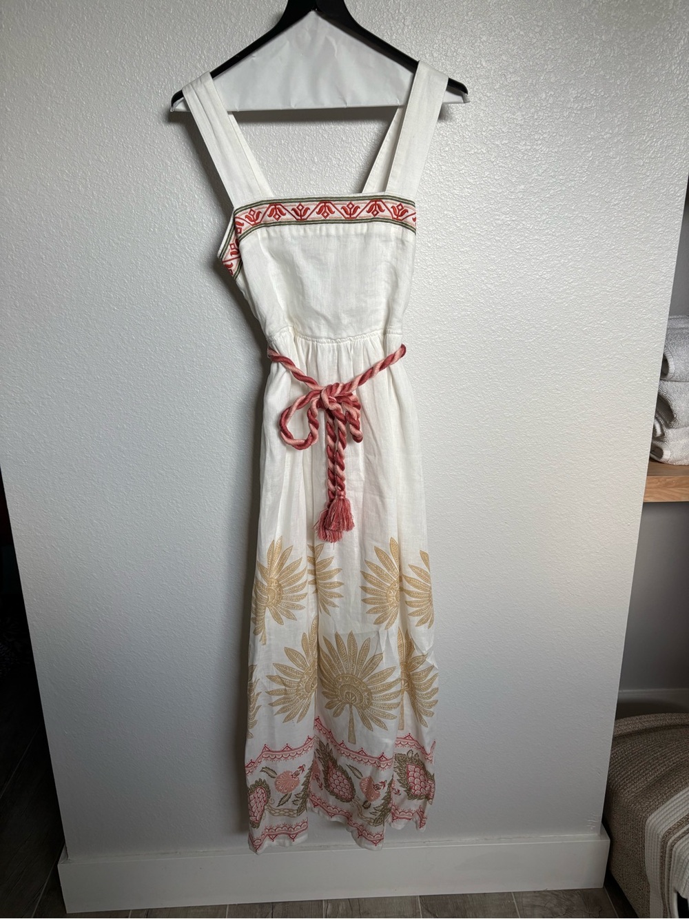 Spartina 449 White Maxi Dress with Gold and Coral Embroidery